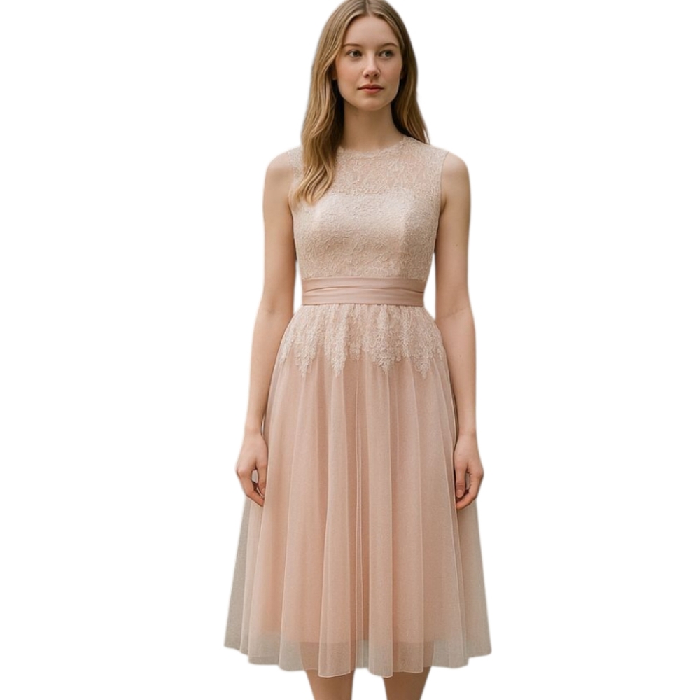 Small Formal & Elegant Lace Tea Length Dress  PeachPink W/ Pearls Embellishments